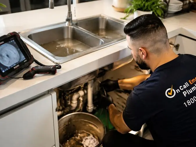 Plumber inspecting a kitchen drain with camera equipment, Hampton