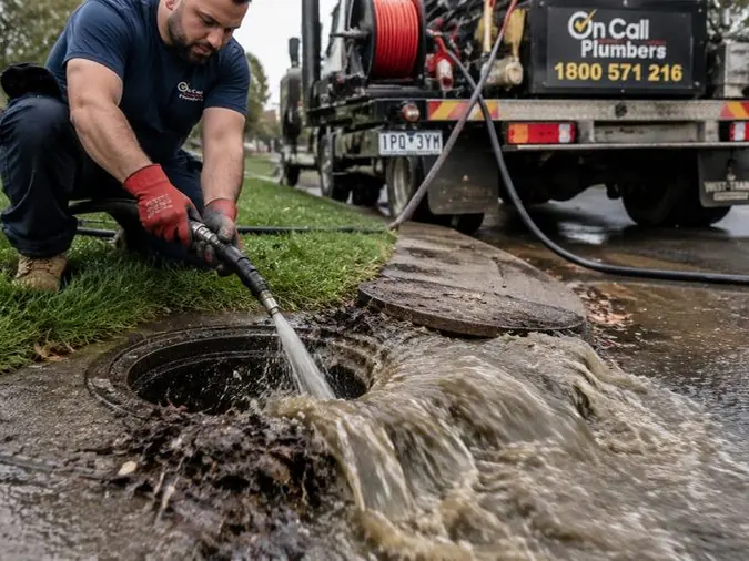 High-pressure sewer jetting at an outdoor drain, Hampton