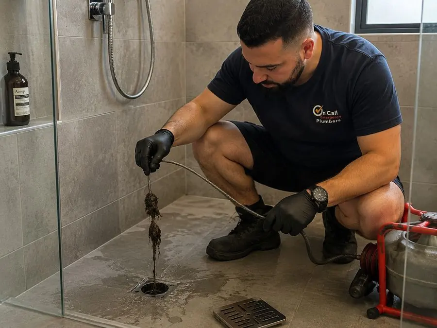 Plumber clearing a shower drain, Hampton
