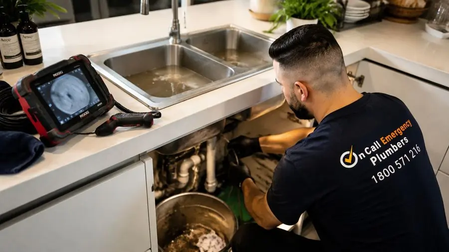 Plumber inspecting a kitchen drain with camera equipment, Hampton